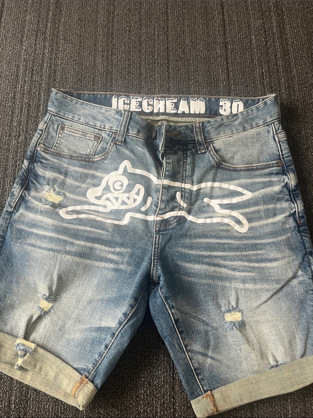 Icecream Men's Light Blue Distressed Denim Shorts with White Graphic